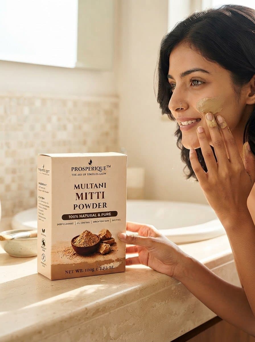 A woman applying Prosperique Multani Mitti powder mask to her face in a bright bathroom setting.