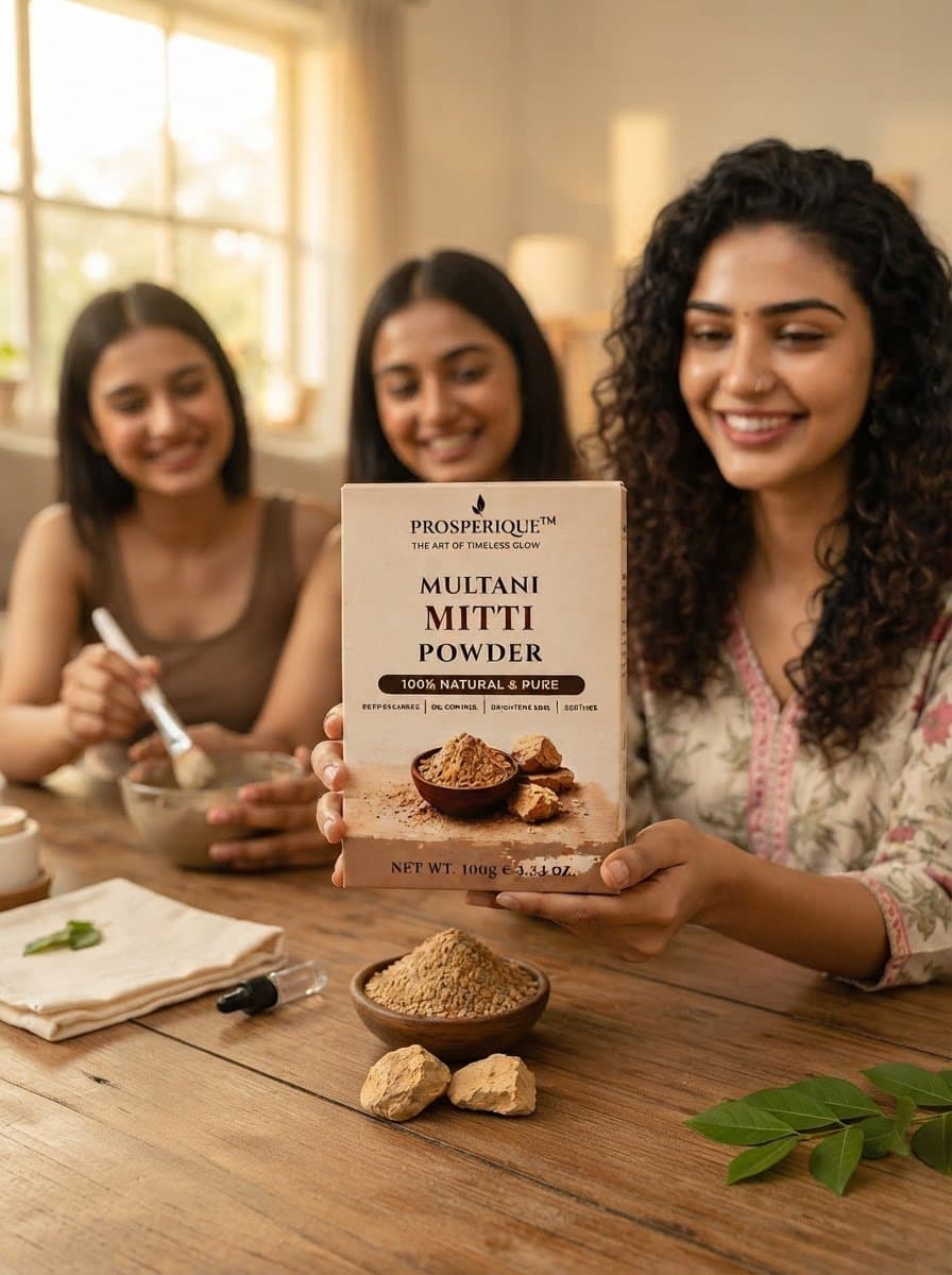 Three women smiling while showcasing Prosperique Multani Mitti powder in a warm, sunlit room.