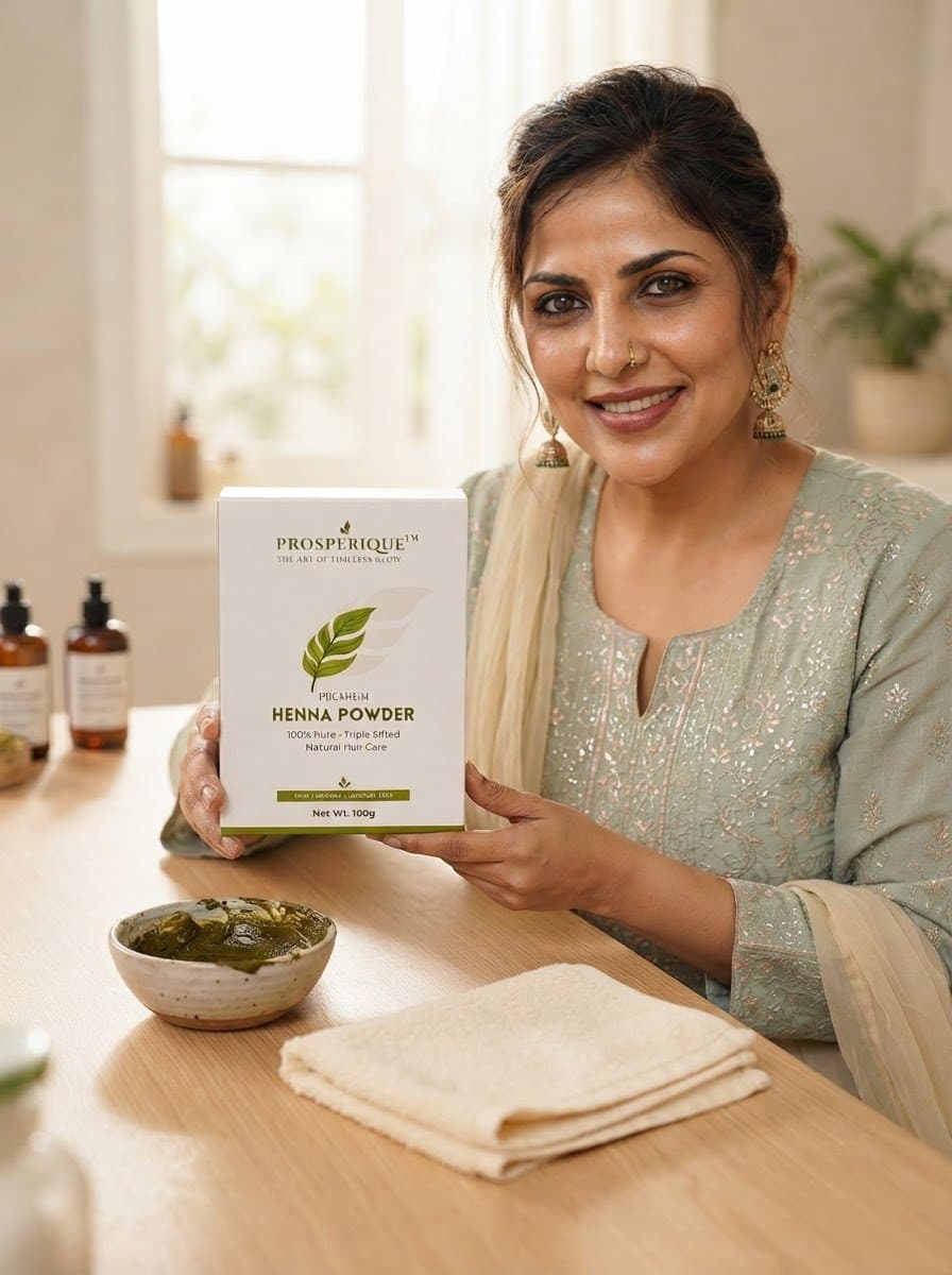 A woman holding a Prosperique Henna Powder box with a bowl of prepared henna mixture on a wooden table.