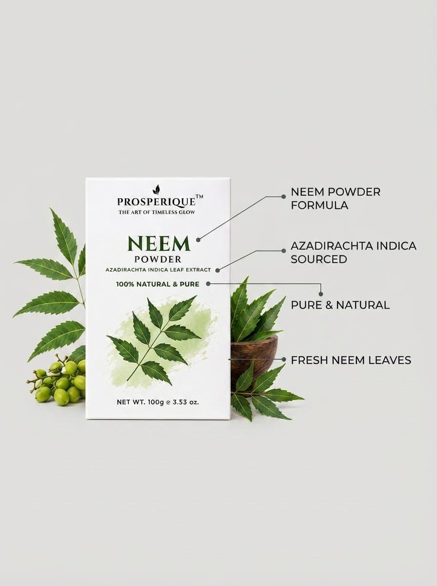 A product packaging shot of Prosperique Neem Powder surrounded by fresh neem leaves and a wooden mortar.
