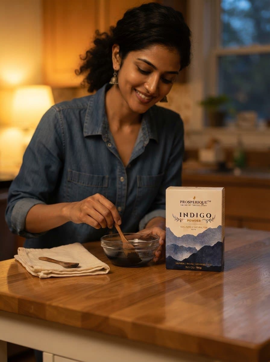 A woman smiling while mixing Prosperique Indigo powder in a glass bowl at a wooden table.