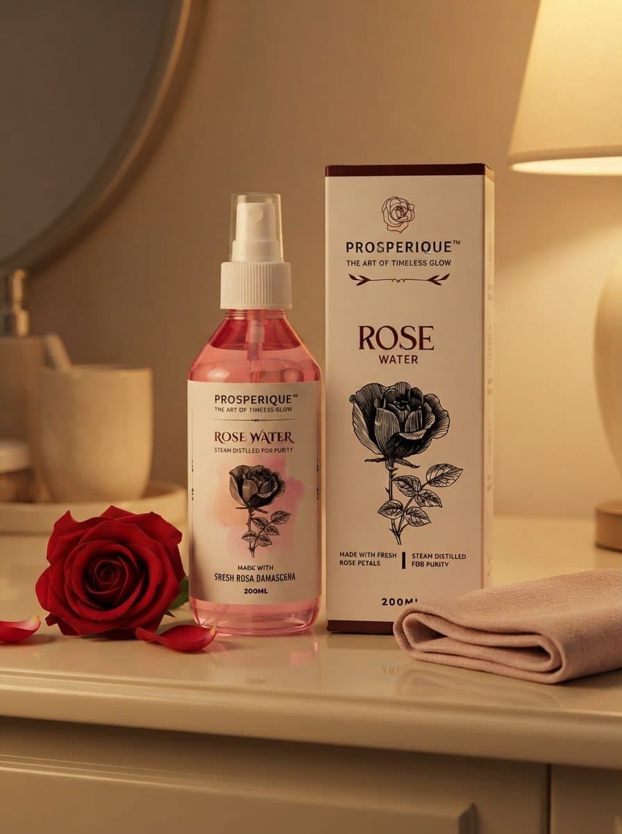 A bottle of Prosperique Rose Water and its packaging box placed on a vanity table with a fresh red rose.
