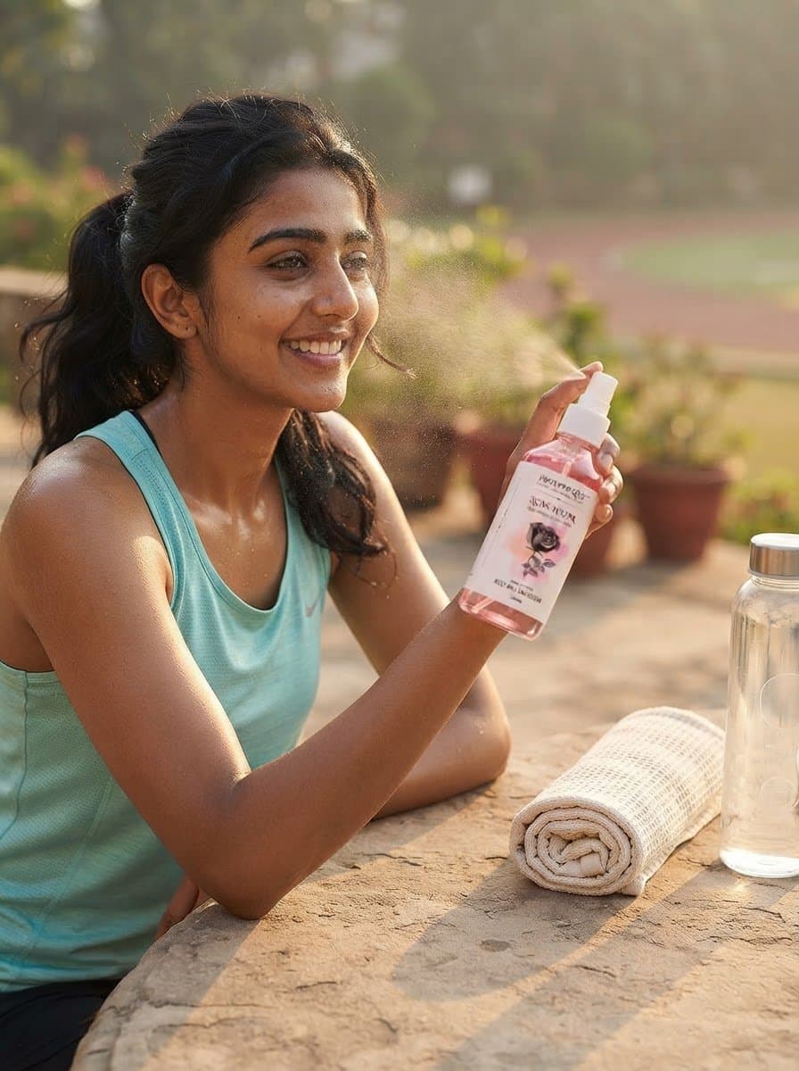A woman in athletic wear refreshes herself with a Prosperique botanical facial mist outdoors.