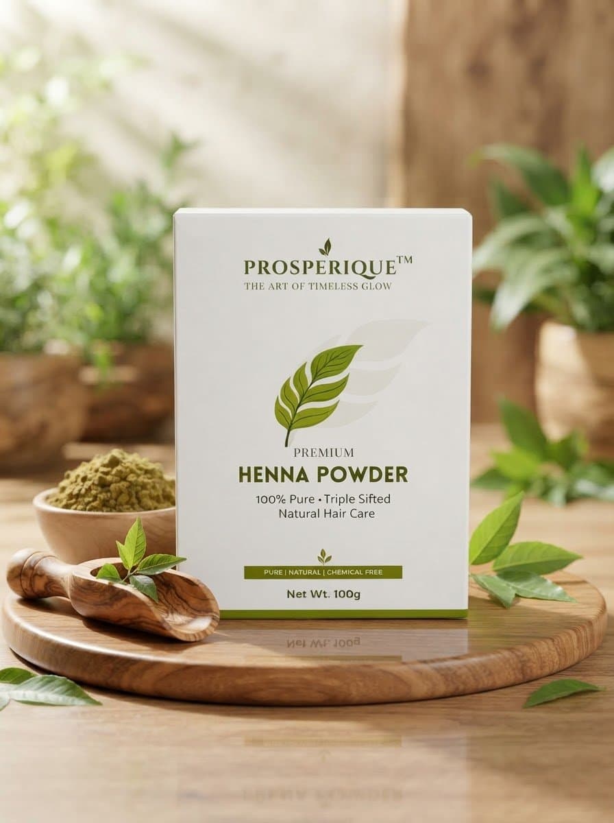 A product shot of Prosperique Henna Powder packaging placed on a wooden board with botanical elements.