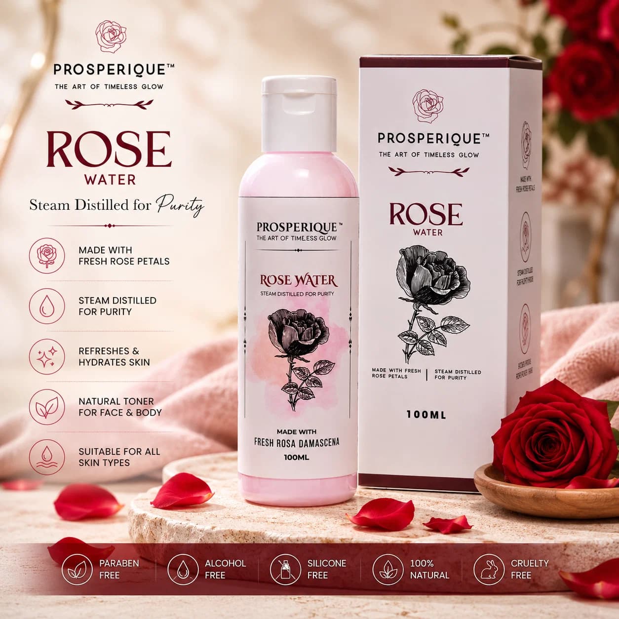 A high-quality product advertisement for ProsperiQue Rose Water featuring the bottle, packaging, and fresh rose petals.