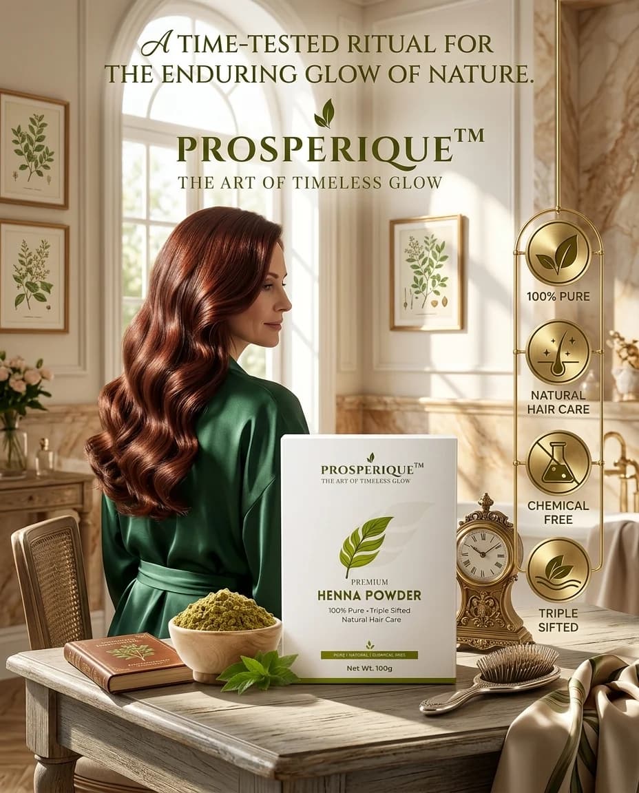 A promotional image for ProsperiQue henna powder featuring a woman with vibrant hair in a luxurious bathroom setting.