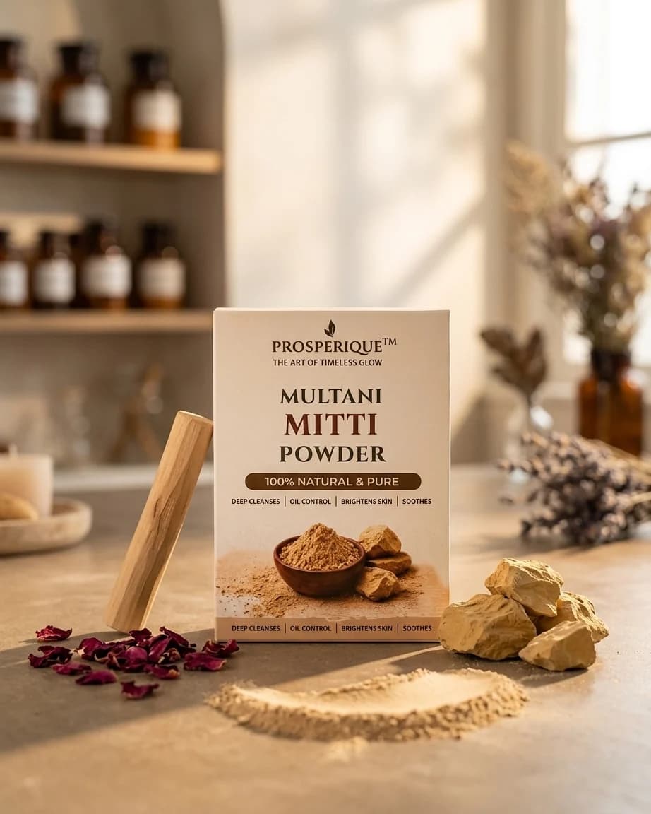 A product shot of ProsperiQue Multani Mitti powder packaging displayed with natural ingredients like clay rocks and rose petals.