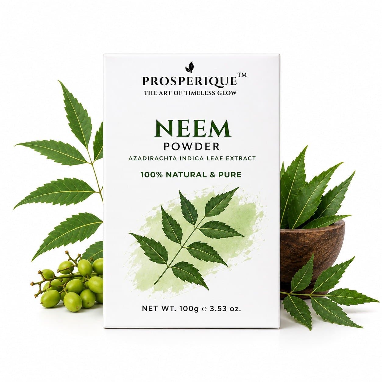 A product shot of Prosperique Neem Powder packaging surrounded by fresh neem leaves and fruit.