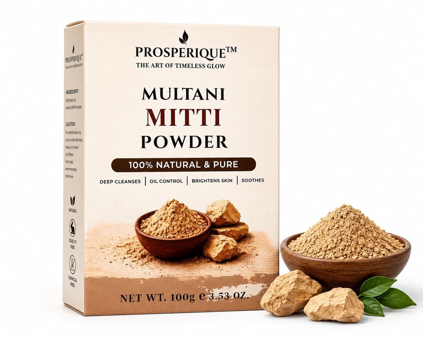 A high-quality product shot of Prosperique Multani Mitti powder packaging with raw clay ingredients.