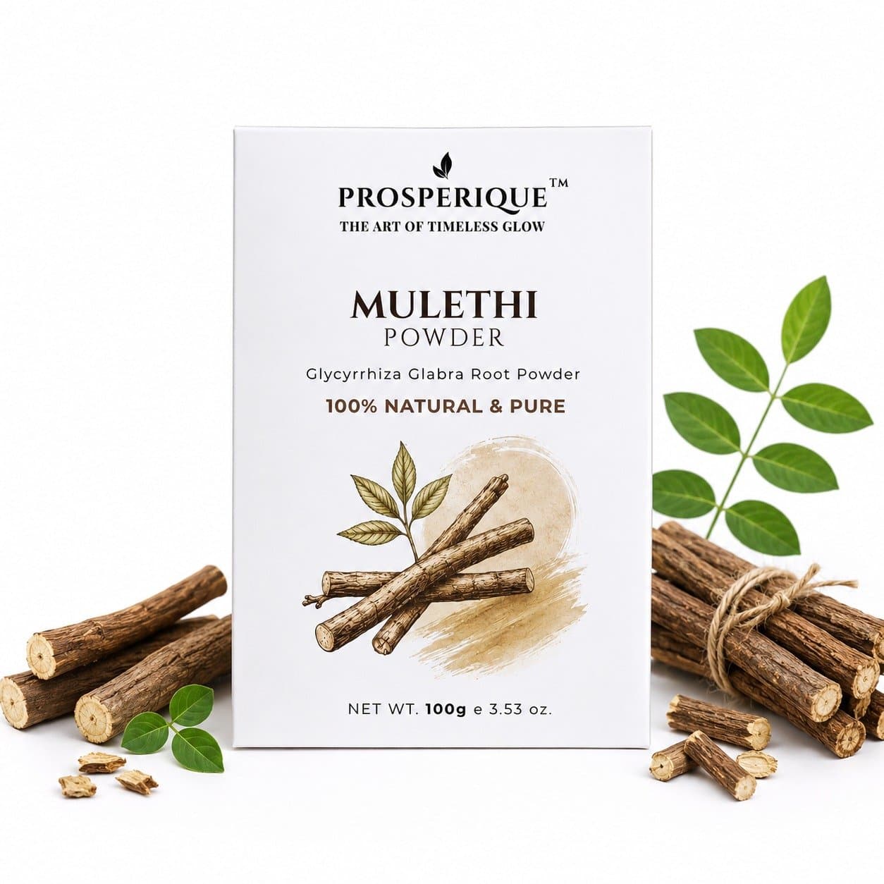 A product shot of Prosperique Mulethi powder packaging surrounded by raw licorice roots.