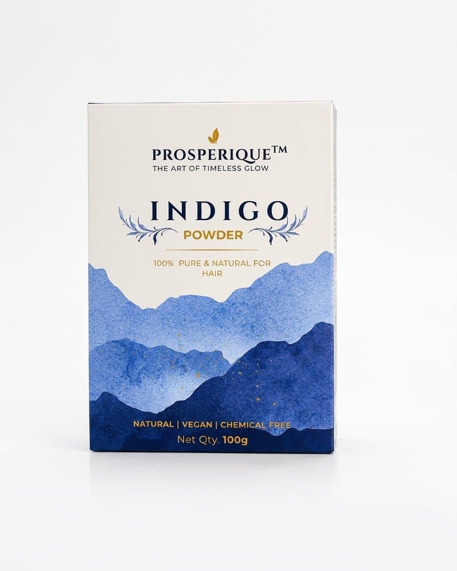 A product packaging shot of Prosperique Indigo Powder against a plain white background.