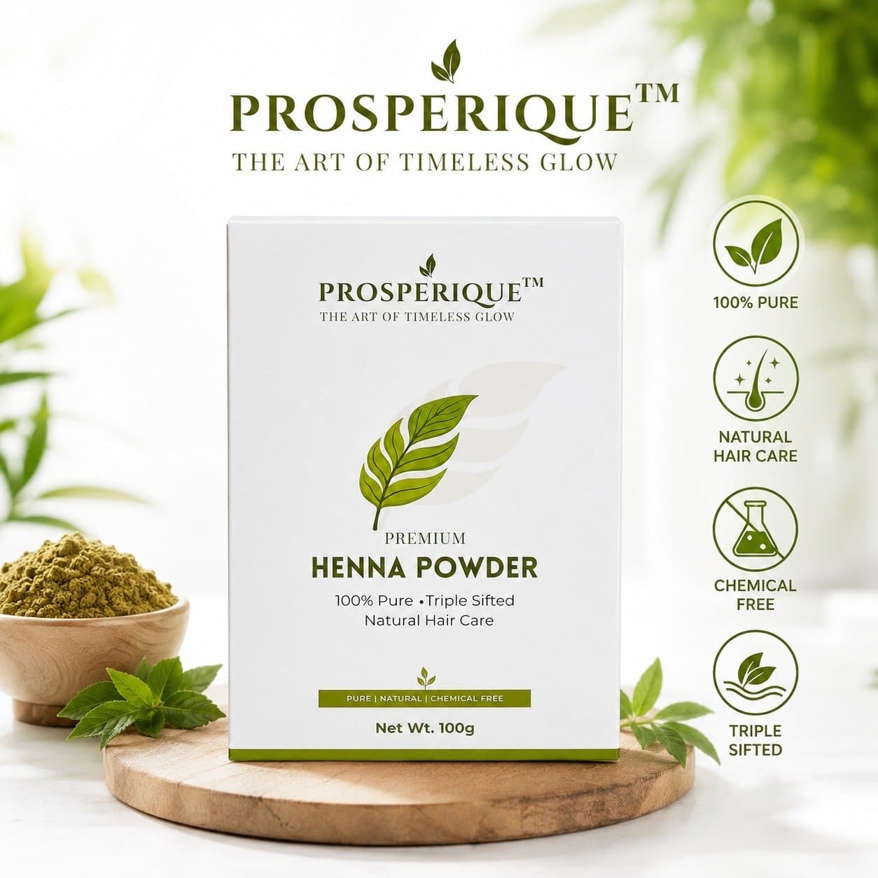 A product packaging shot of Prosperique Henna Powder displayed on a wooden board with natural elements.